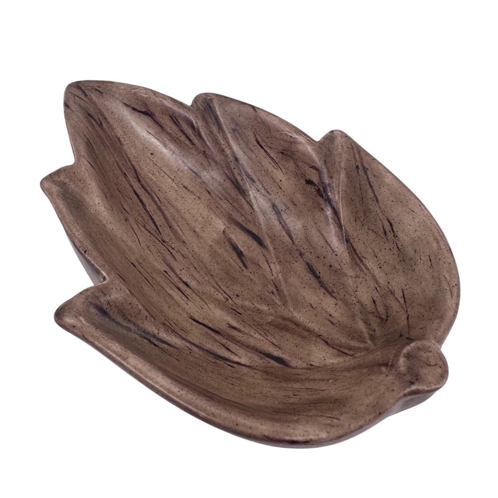 Vintage Signed Ceramic Leaf Dish Brown Wood Texture Trinket Bowl‎ 1968